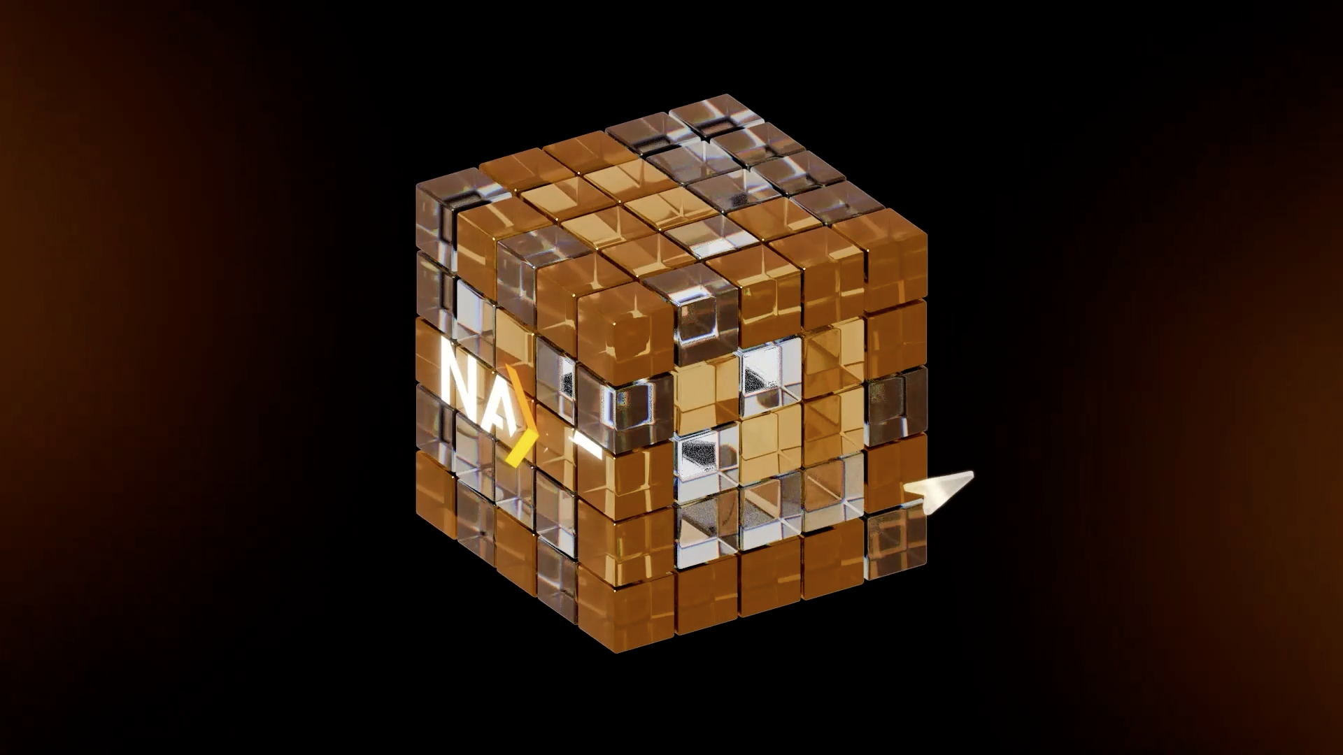 A 3D cube composed of small golden and silver reflective blocks, with the letters 'NA' and a yellow arrow pointing to the right, set against a dark background.