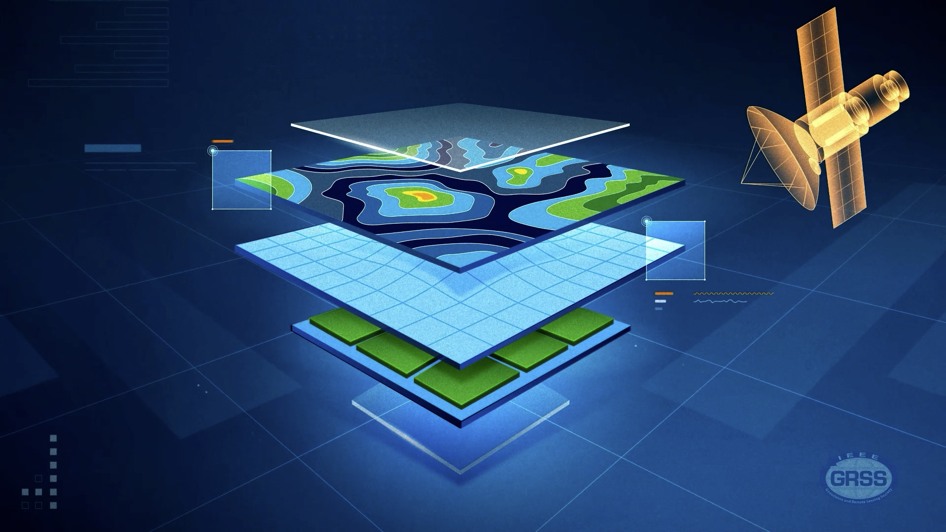 Digital illustration of satellite imagery data layers, including topographical maps, grid overlays, and a satellite orbiting in space, with a logo in the bottom right corner reading IEEE GRSS.