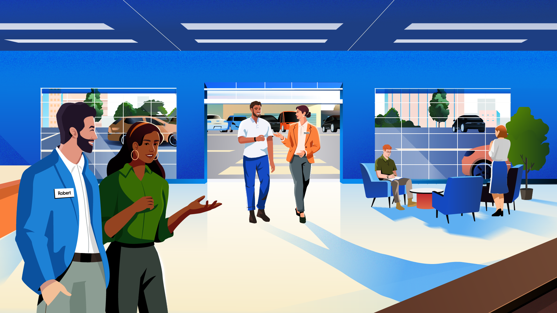 People inside a car dealership showroom, some engaging in conversation, with large windows showing parked cars outside.