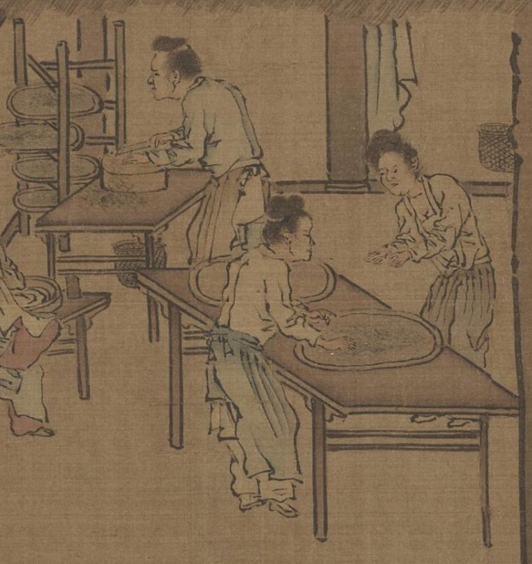 Figure 2: Women placing mulberry leaves on trays from Sericulture (The Process of Making Silk) (耕織圖), early 1200s. Attributed to Liang Kai 