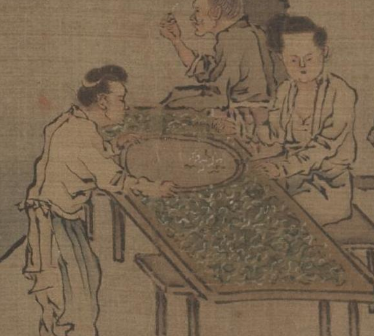 Figure 3: Women placing silkworms on mulberry leaves from Sericulture (The Process of Making Silk) (耕織圖), early 1200s. Attributed to Liang Kai 
