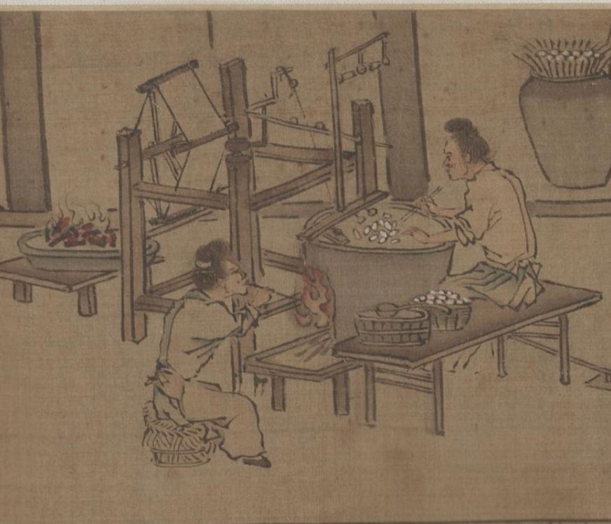 Figure 4: Soaking cocoons and reeling silk from Sericulture (The Process of Making Silk) (耕織圖), early 1200s. Attributed to Liang Kai 
