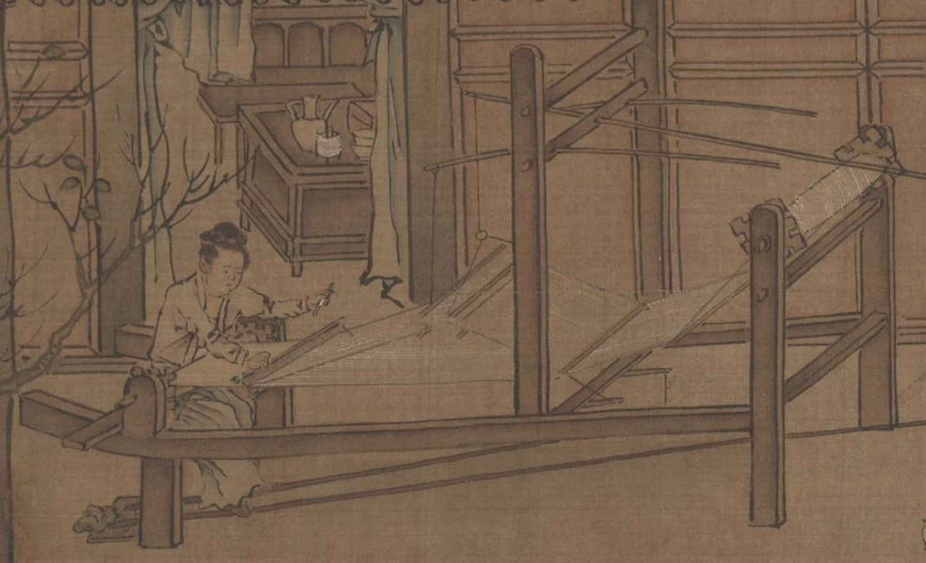 Figure 6: Woman weaving silk on loom from Sericulture (The Process of Making Silk) (耕織圖), early 1200s. Attributed to Liang Kai 