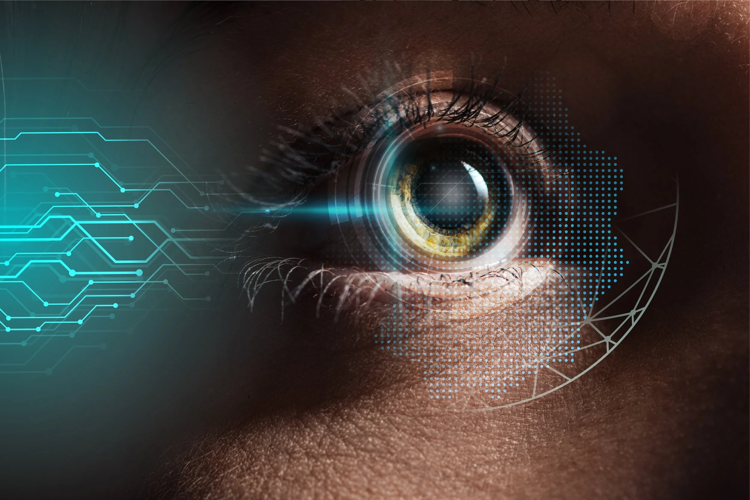 Close-up of a human eye with digital graphics and circuit-like patterns overlaid, suggesting technology or biometric ID concepts.