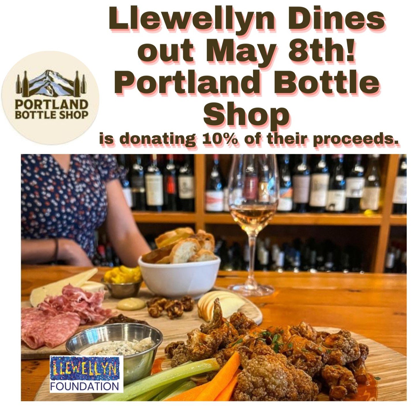 Wednesday May 8th is Dine out with @pdxbottleshop!
You wont want to miss this one! The weather is perfect to enjoy a glass of bubbles while having a bite.
10% of proceeds will be donated to the Llewellyn Foundation.
