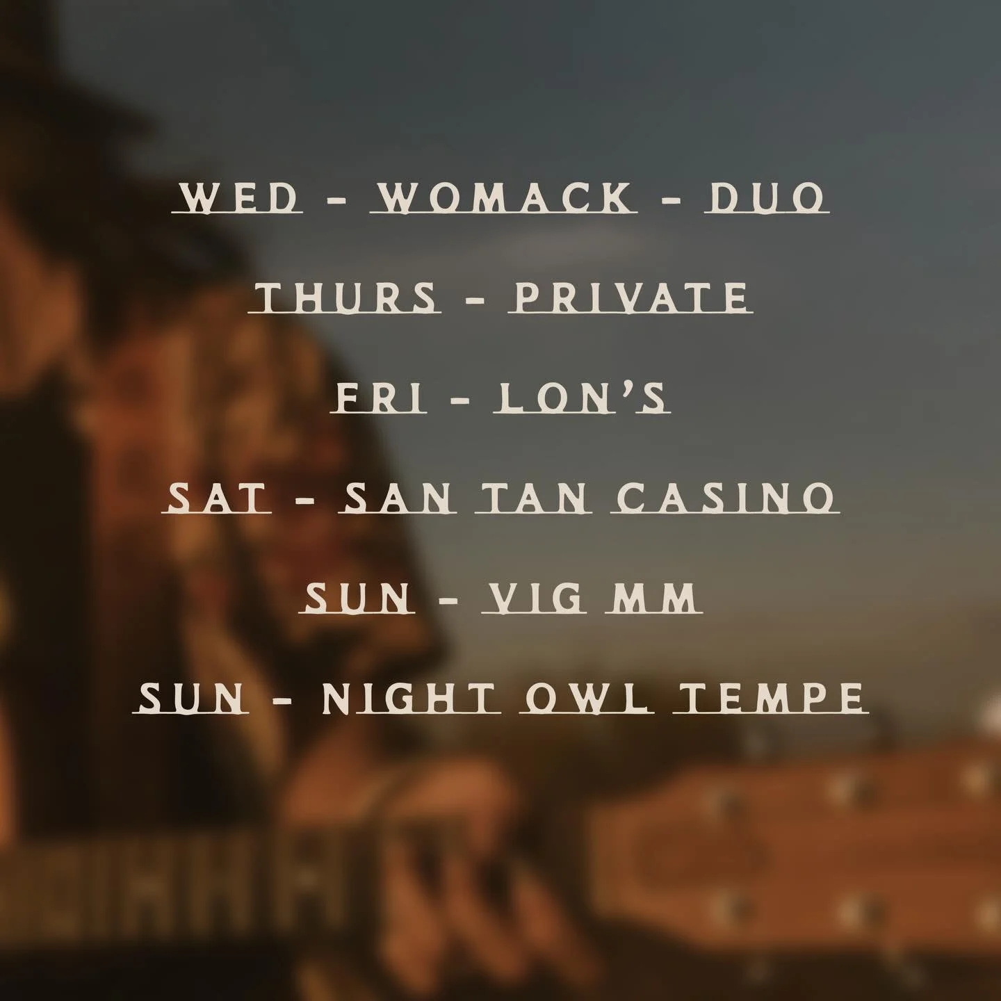 Lots of playing this week, join me if you can! (April 8-12)
Wed Duo - @thewomackaz 8-11
Thurs - Private
Fri - @hermosainn 6-9
Sat - San Tan Casino 5-9
Sun - @thevigaz (MM) 11-2pm
Sun - @nightowltempe 5-8