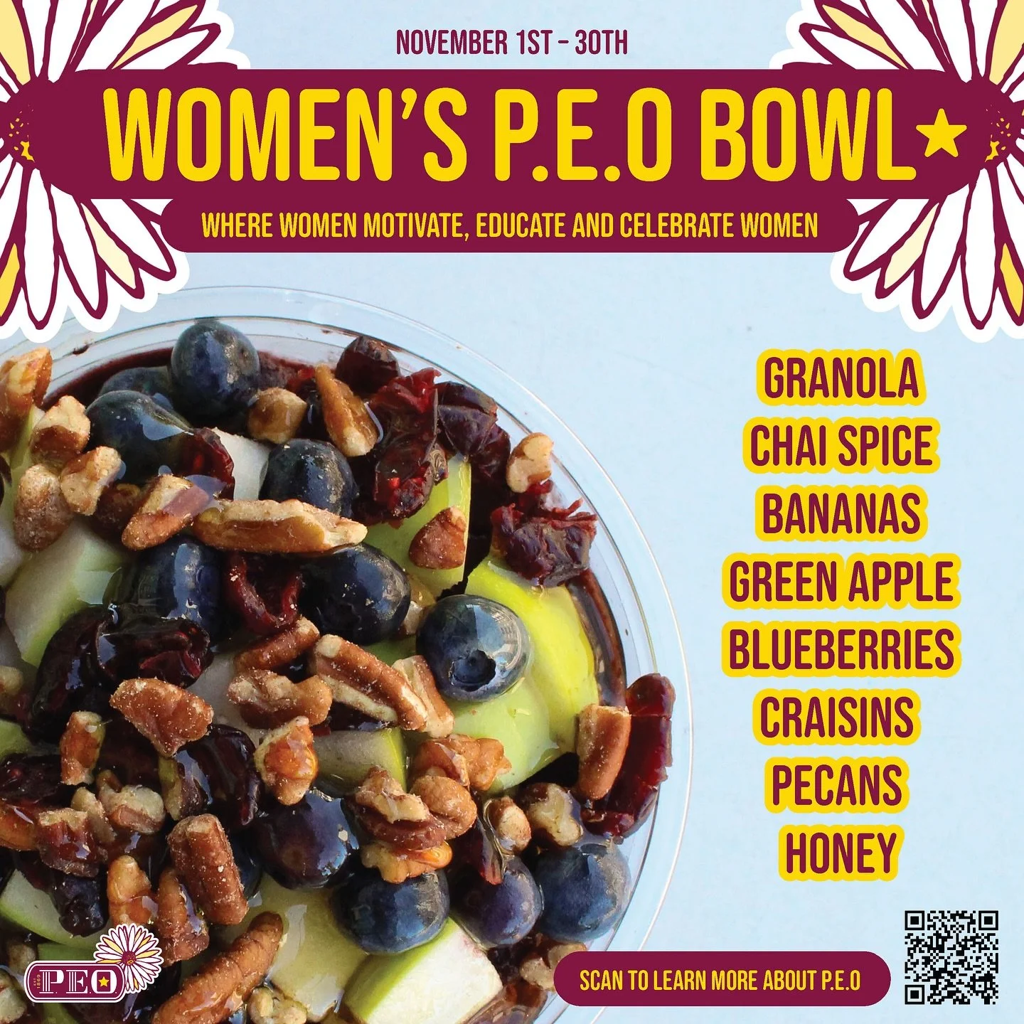 🌸 The Women&rsquo;s P.E.O. Bowl is here! 🌸

Available all November at our Huntsville and Madison shops.

This acai bowl is packed with goodness &mdash; granola, chai spice, bananas, green apple, blueberries, craisins, pecans, and honey &mdash; and 