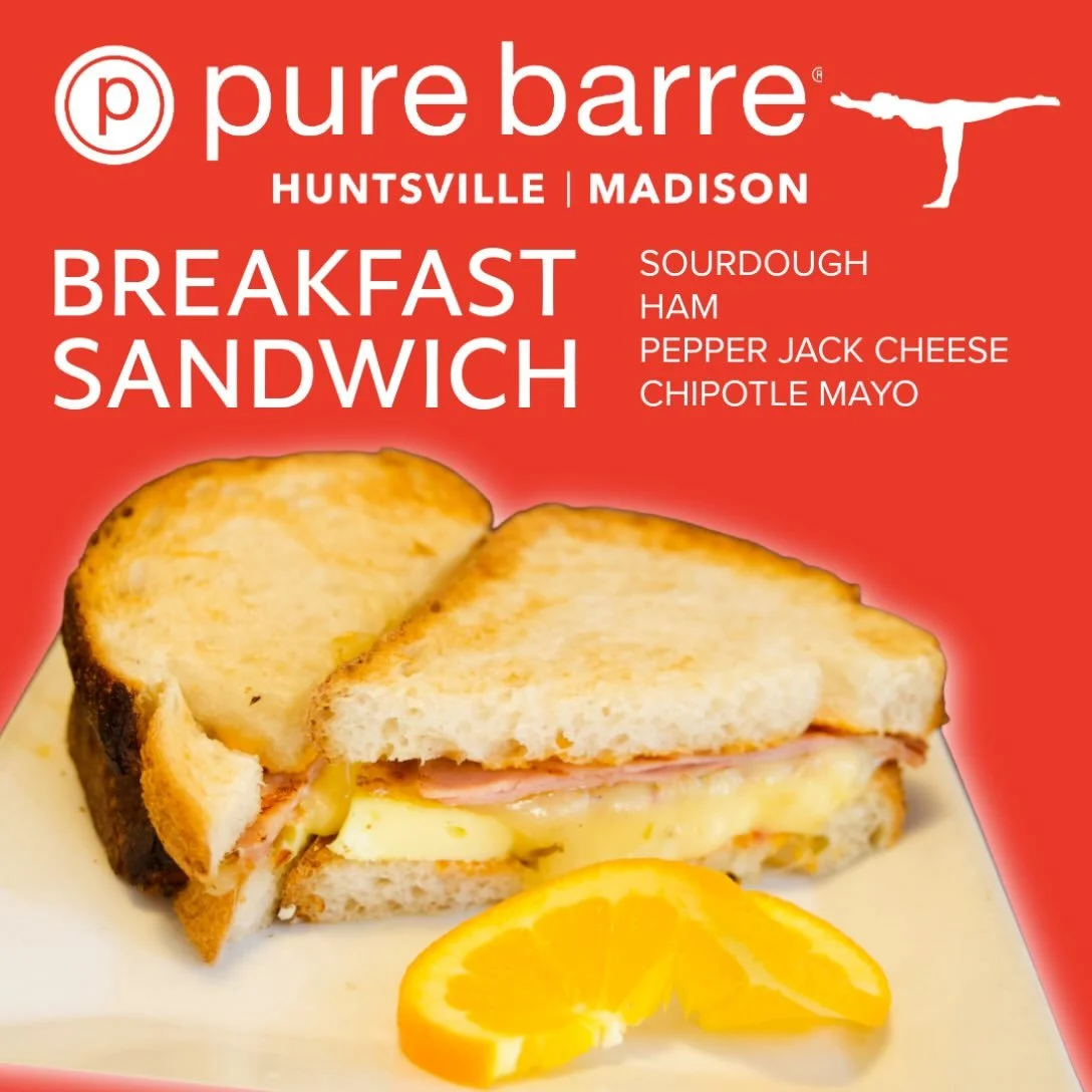 🔥 Fuel your mornings with our latest Breakfast Sandwich made in partnership with @purebarrehuntsville &amp; @purebarremadisonal! 🔥

This savory sandwich features warm sourdough, ham, pepper jack cheese, and chipotle mayo. And it&rsquo;s available f
