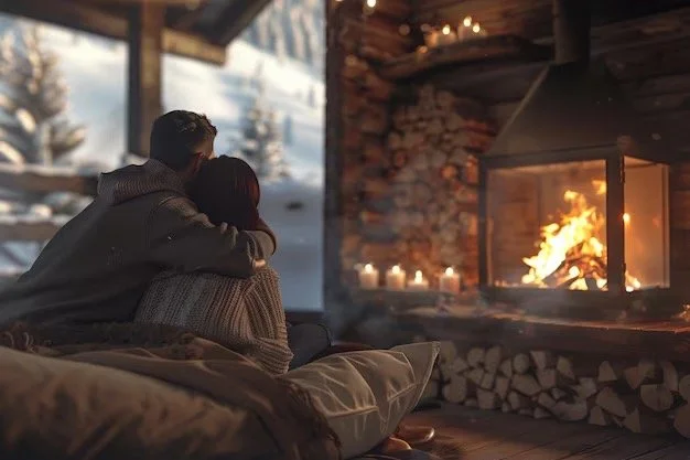 Couple relaxing by the fire at the Loopwell Couples Retreat in the Hudson Valley