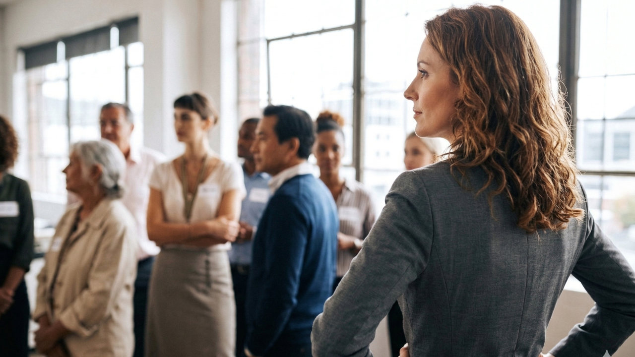 Professional woman leading a group in a modern workplace setting, representing women in leadership and collaboration.