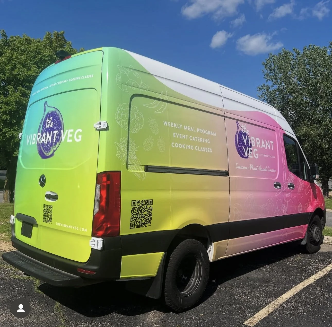 The Vibrant Veg Branded Sprinter Van Wrap Design by Annie Kubena Creative. Bright colorful ombre design with fruit and vegetable illustrations.