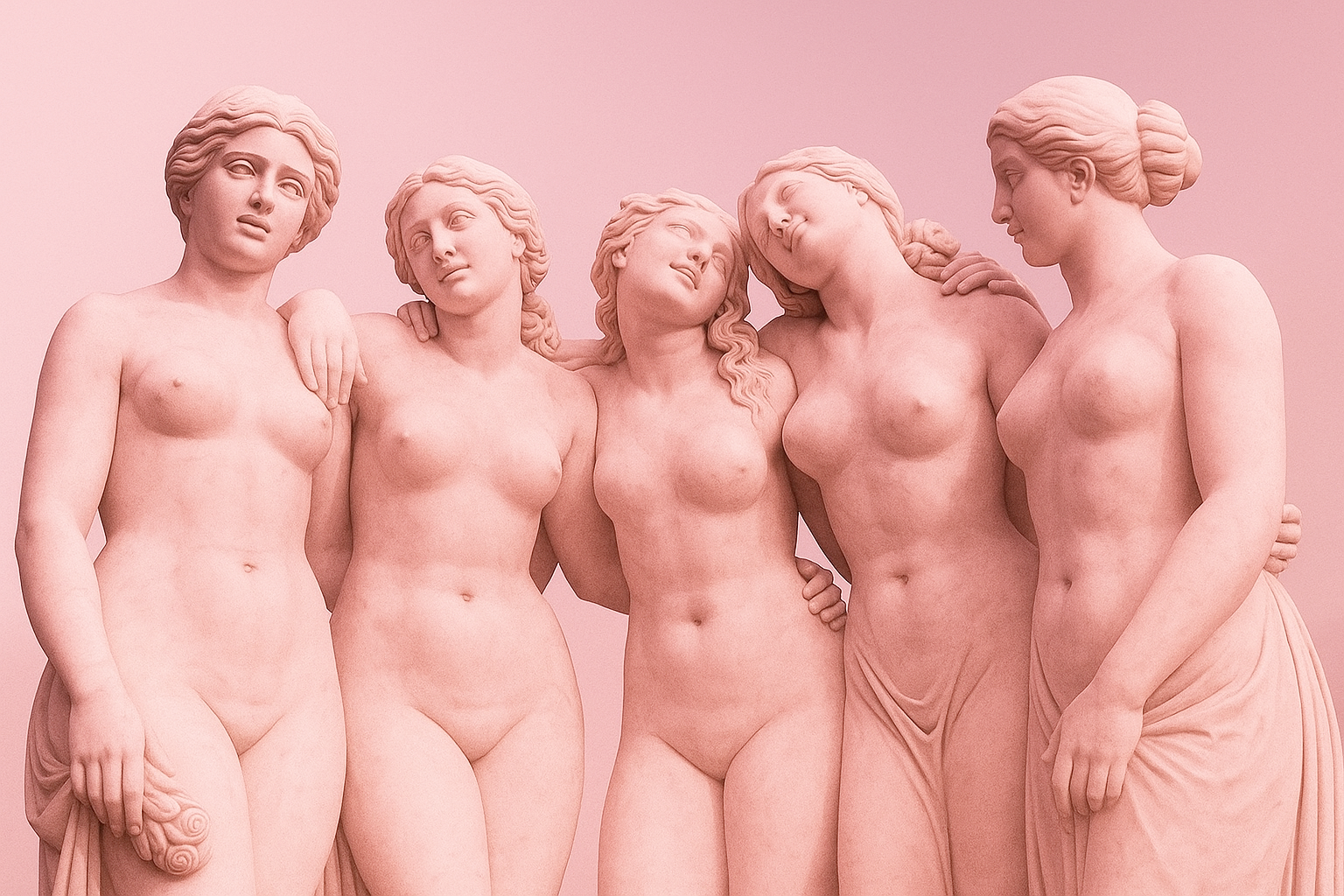 Pink-tinted sculpture of five women with their arms around each other.