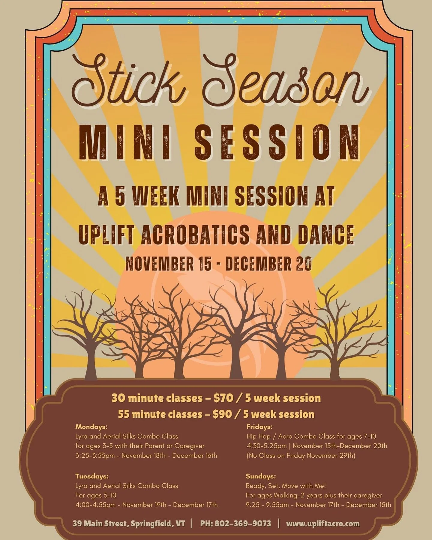 🌟 Ready to jump into something amazing this season?  Our Stick Season Mini Session Kicks Off This Sunday!!🌟
Introducing our 5-Week Dance & Acrobatics Stick Season Mini Session!✨
Get a taste of Uplift during our Stick Season session—perf