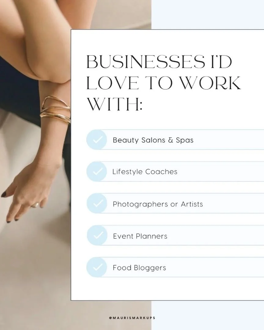 Manifesting some dream client niches I&rsquo;d love to work with!

Whether you&rsquo;re a fashion blogger curating the perfect looks, a lifestyle coach empowering others to live their best lives, a photographer or artist capturing those magical momen