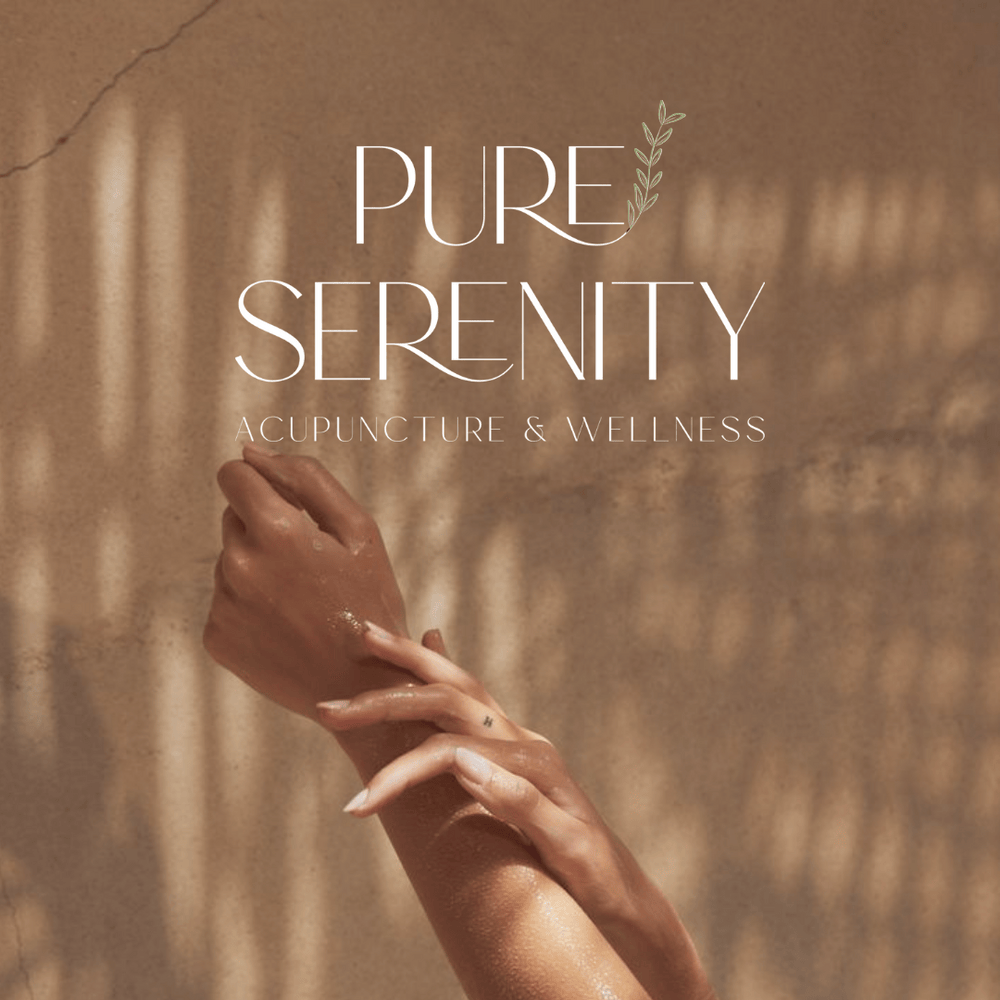 A promotional image for Pure Serenity Acupuncture & Wellness featuring a person's hand with water droplets, set against a textured earthy background with the business name and a small leafy branch illustration.