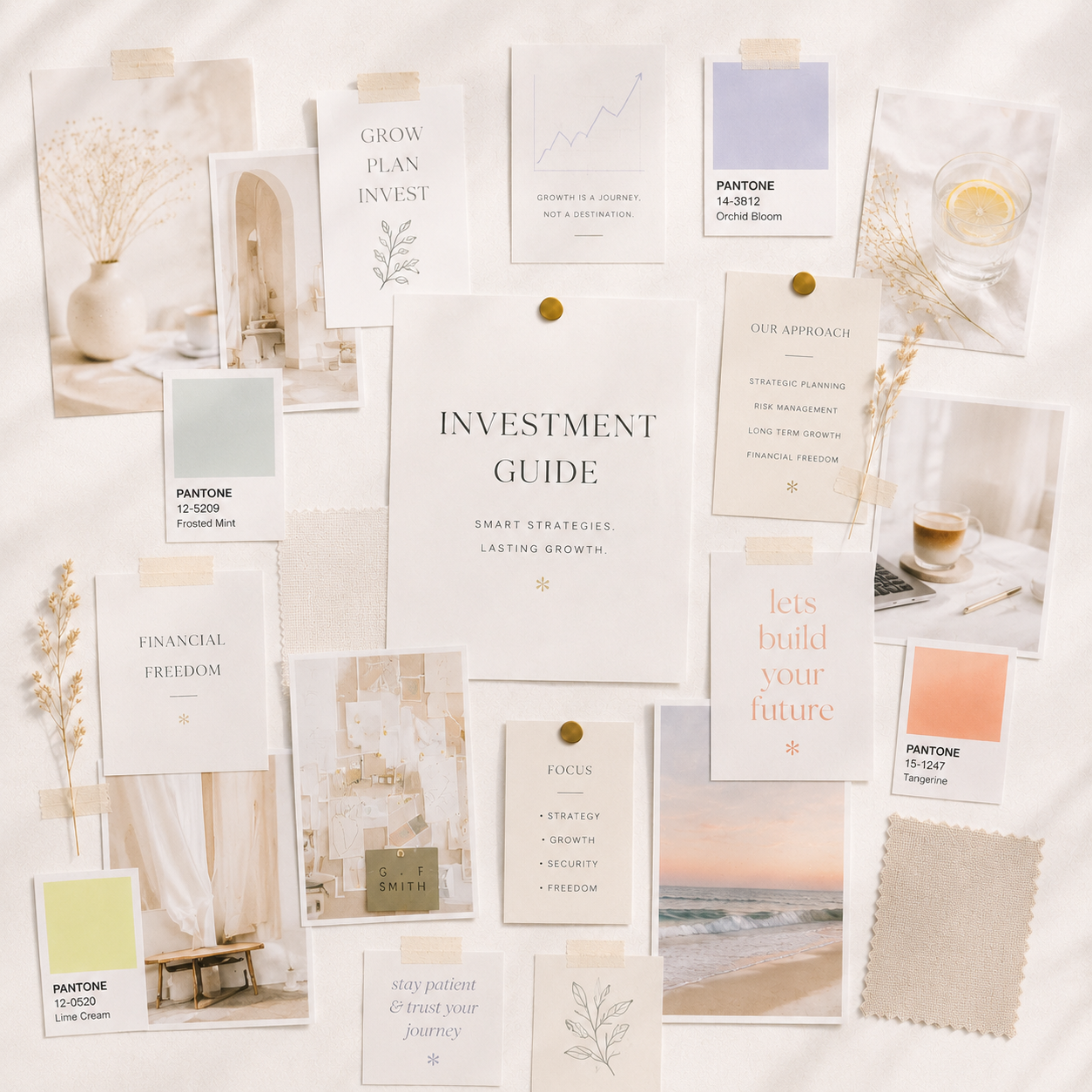 A whiteboard with various notes, photos, color swatches, and inspirational messages related to investment strategies and growth.