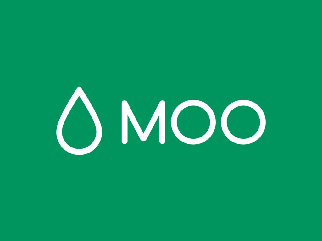 MOO logo with teardrop symbol on green background