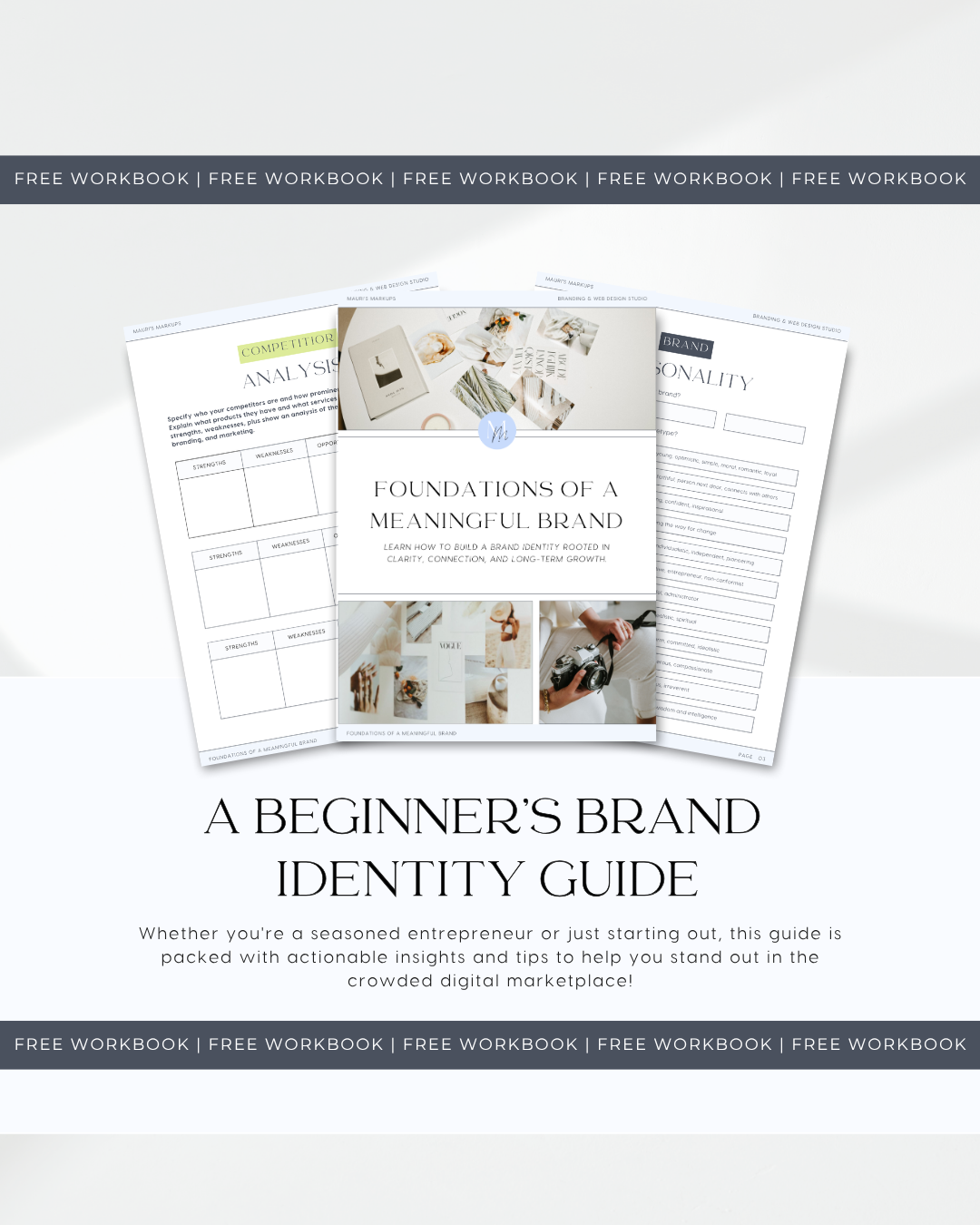 Cover of a brand identity guide titled "Foundations of a Meaningful Brand" with images of branding materials and a person holding a camera, surrounded by sample worksheets labeled "Analysis" and "Personality."