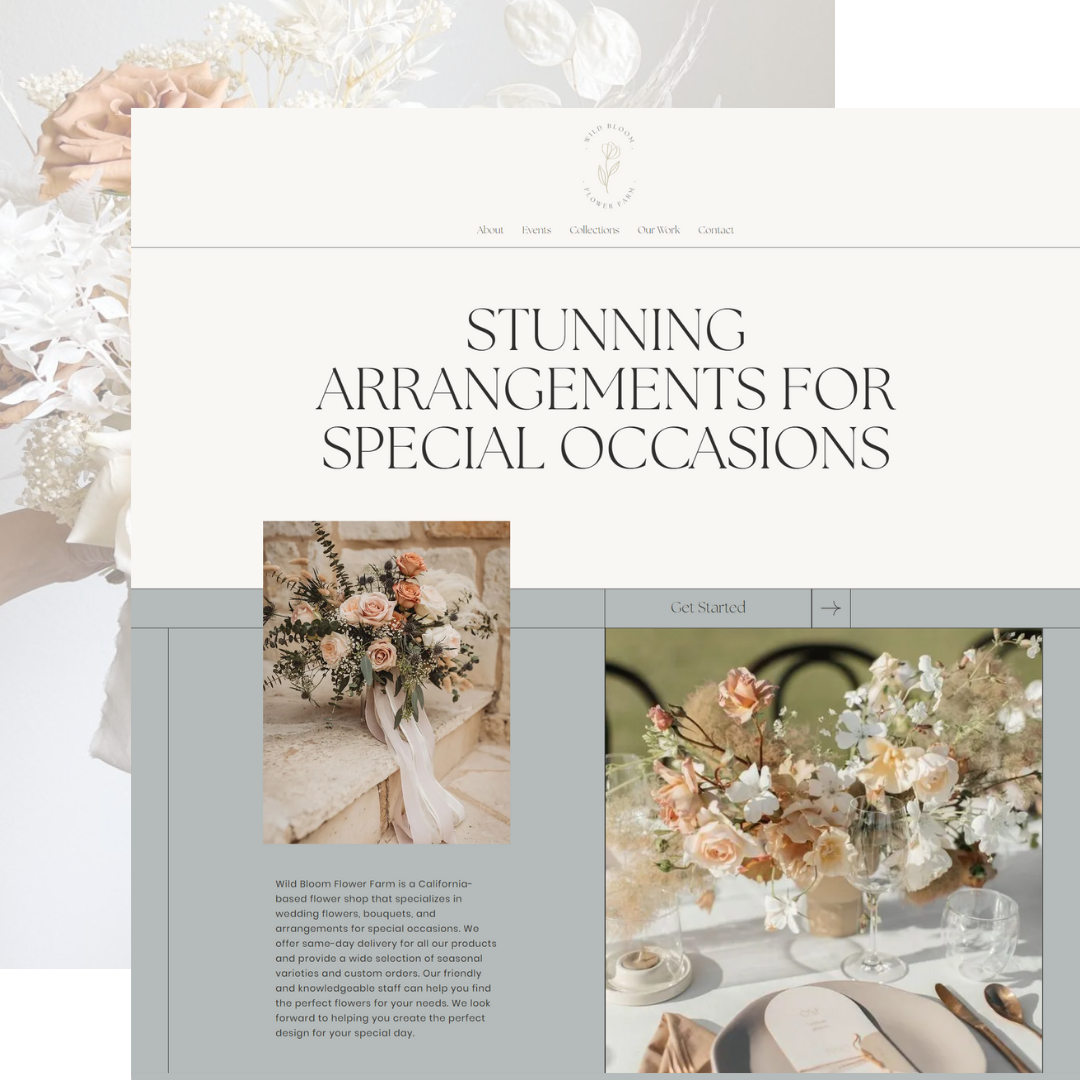 Website homepage showcasing floral arrangements for special occasions, featuring elegant bouquets and a dining table setup with flowers.