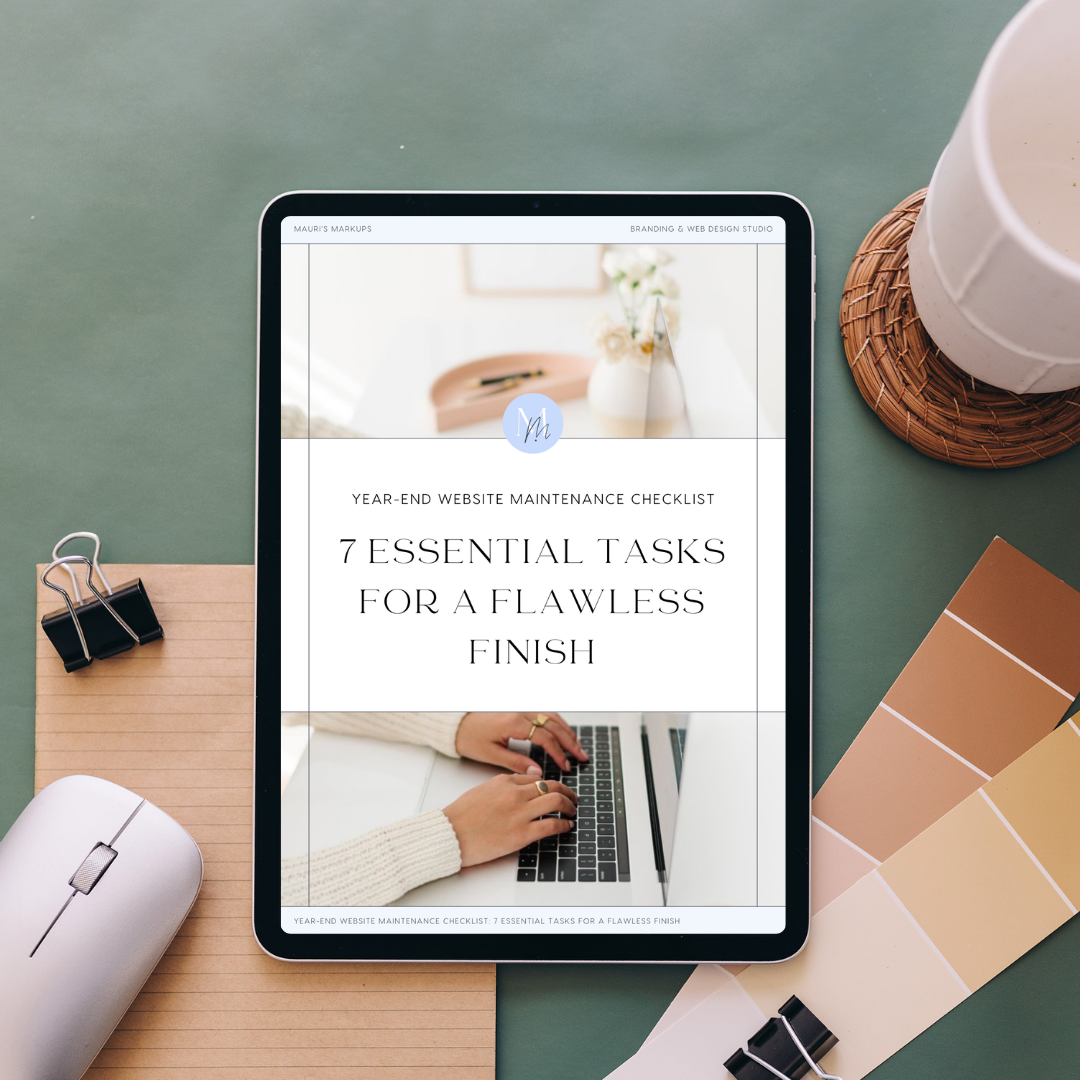 Digital tablet displaying website maintenance checklist, surrounded by office supplies such as a mouse, clipboard, coffee cup, and color swatches.