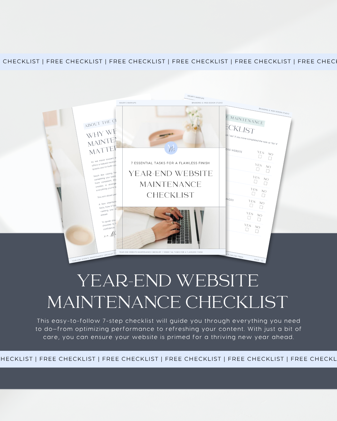 Cover of a website maintenance checklist with a photo of hands typing on a laptop, flowers, and a notebook, titled '7 Essential Tasks for a Flawless Finish Year-End Website Maintenance Checklist' with descriptions about checking off tasks for website upkeep.