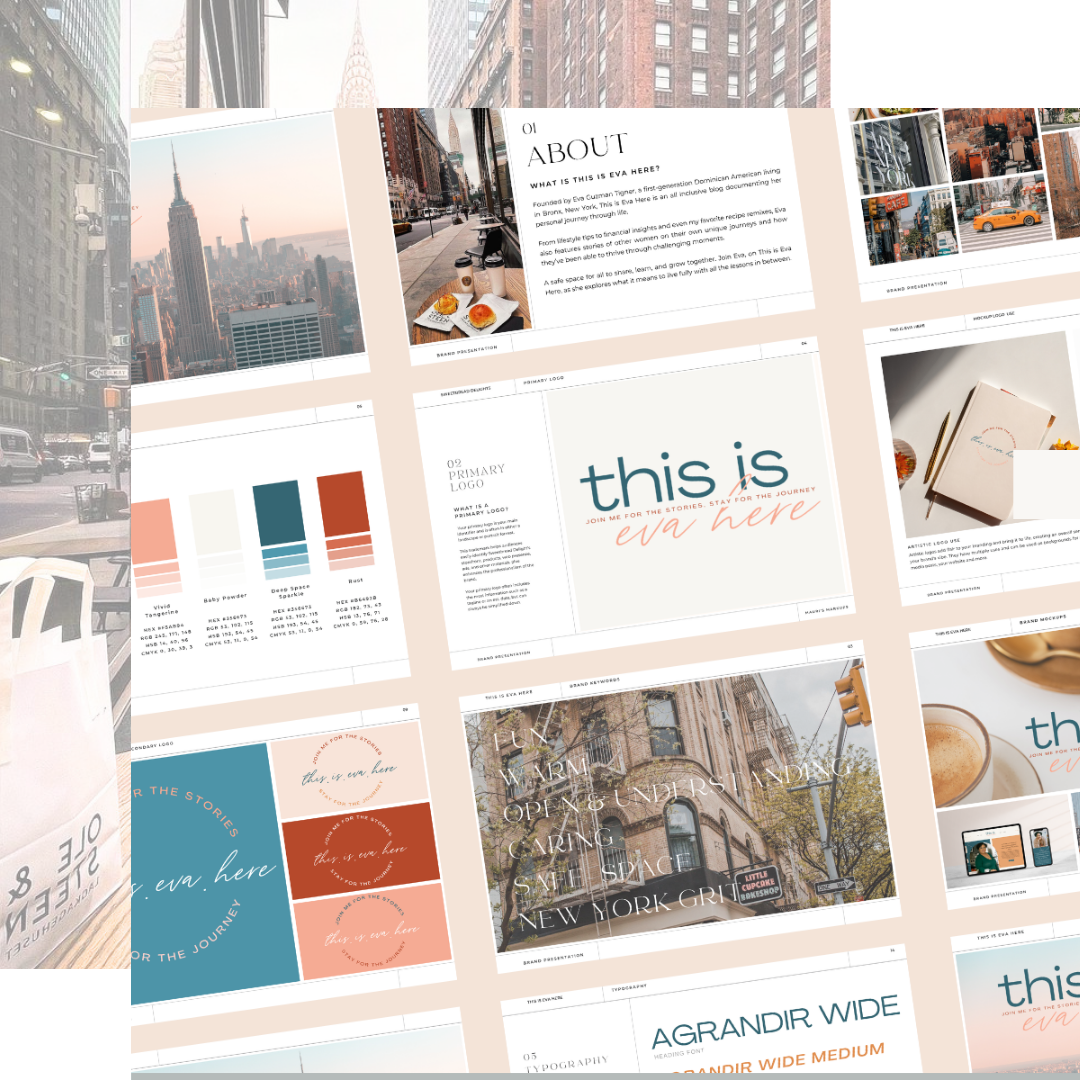 Brand presentation slides with images, text, color palette, and typography samples.