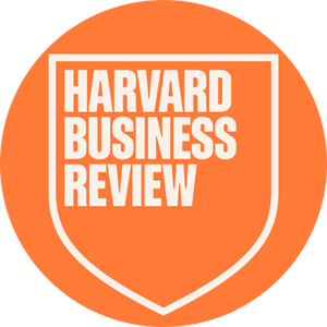 Harvard Business Review logo with orange shield shape and white text