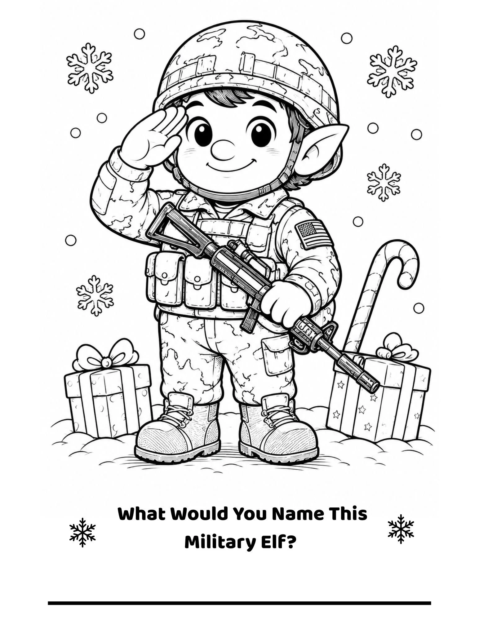 Black and white coloring page featuring a cute elf dressed in military gear, saluting. The elf is holding a rifle, wearing a helmet with an earth pattern, and has pointed ears. The background includes snowflakes, presents, and snow, with the text "What Would You Name This Military Elf?" at the bottom.