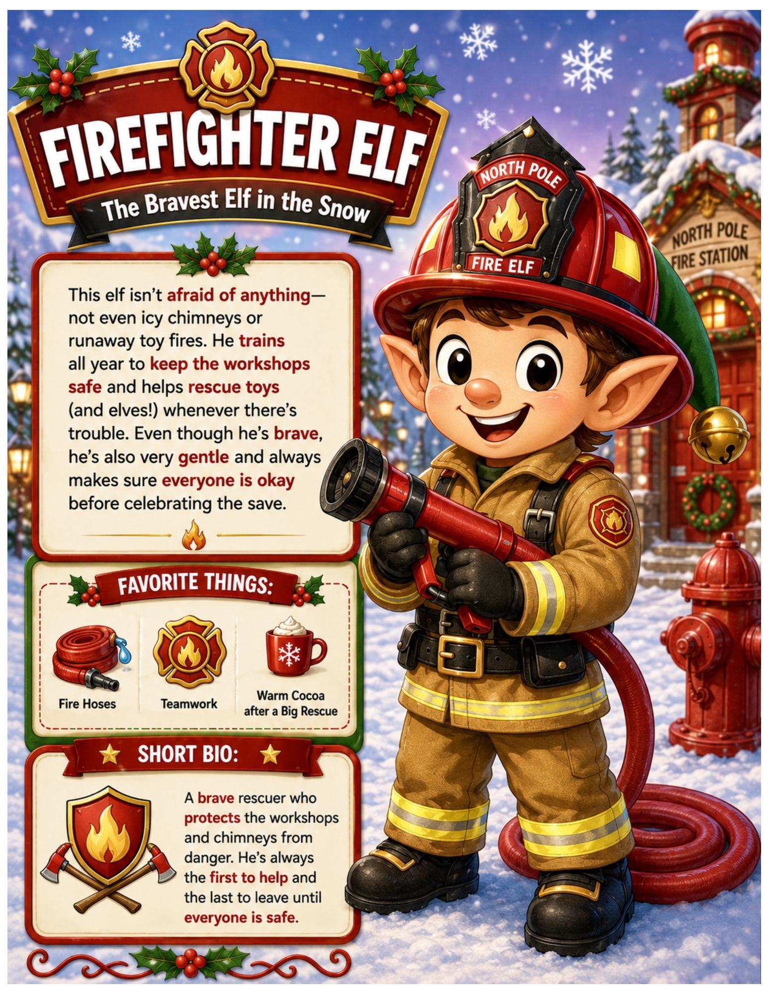 A cartoon elf dressed as a firefighter wearing a red helmet with a fire emblem and a firefighter uniform. The elf is smiling and holding a fire hose. The background shows a snowy scene with a fire station and festive decorations, including holly and snowflakes.