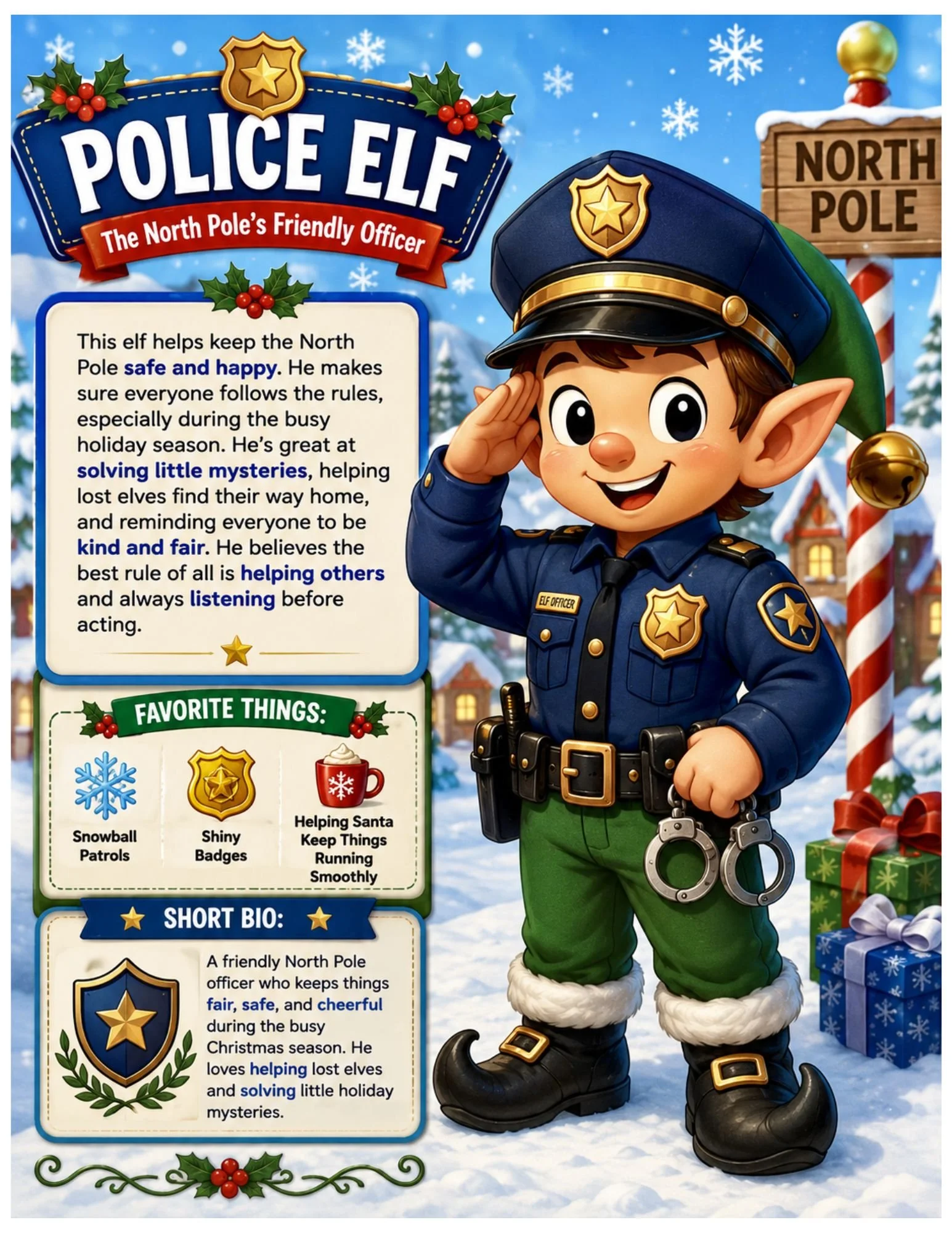 A festive holiday poster features a cartoon elf dressed as a North Pole police officer saluting, with a snowy background, decorated with holly, gifts, and a sign indicating the North Pole. The poster contains information about the elf's role in keeping the holiday season joyful and safe.