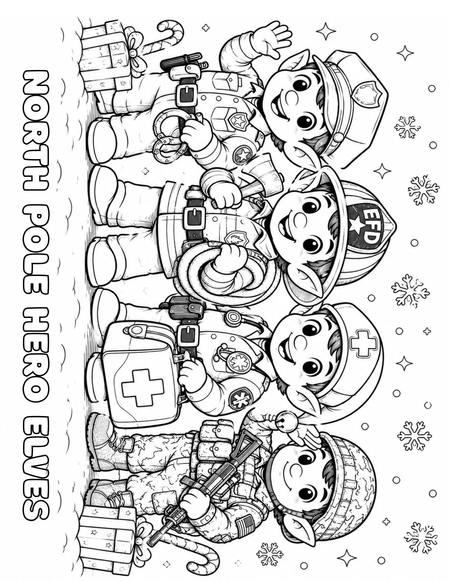 A coloring page featuring cute animal police officers in winter uniforms standing in front of a snowy background. They are surrounded by snowflakes and holiday decorations, with the words 'North Pole' written on the left side.