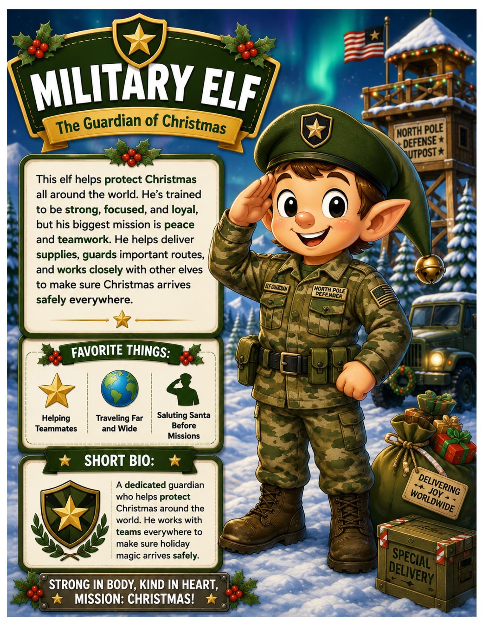 Colorful illustrated infographic featuring a cartoon elf in military uniform saluting, with a snowy background, a North Pole defense outpost, and piles of Christmas gifts, emphasizing the elf's role in protecting Christmas and delivering joy worldwide.