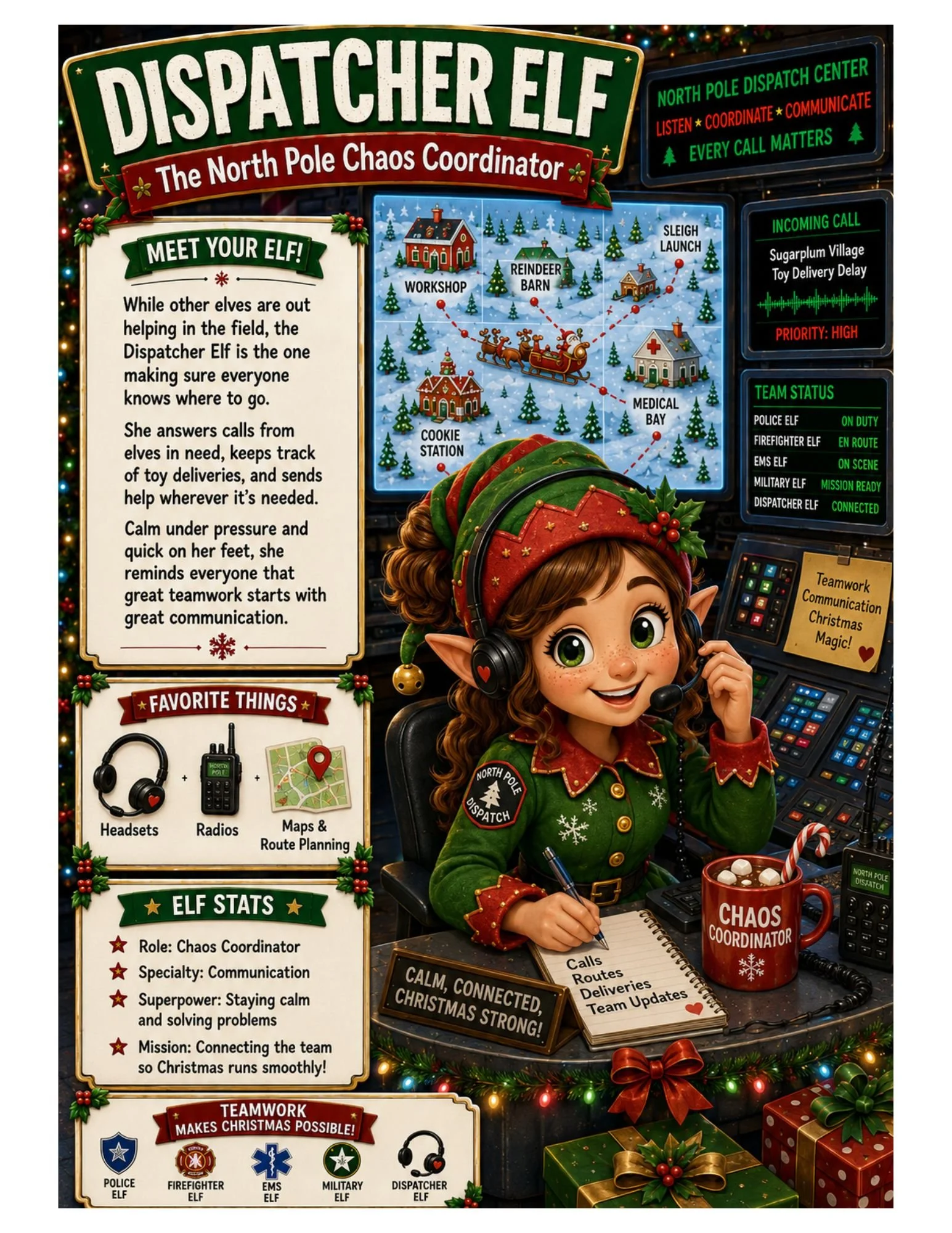 A Christmas-themed display featuring an elf dispatcher with a headset, elf stats, and role descriptions. The elf is a female with curly hair, wearing a green elf uniform with red and gold accents, and a red hat with holly. The display includes maps, route planning, gift boxes, a candy cane, and holiday decorations.