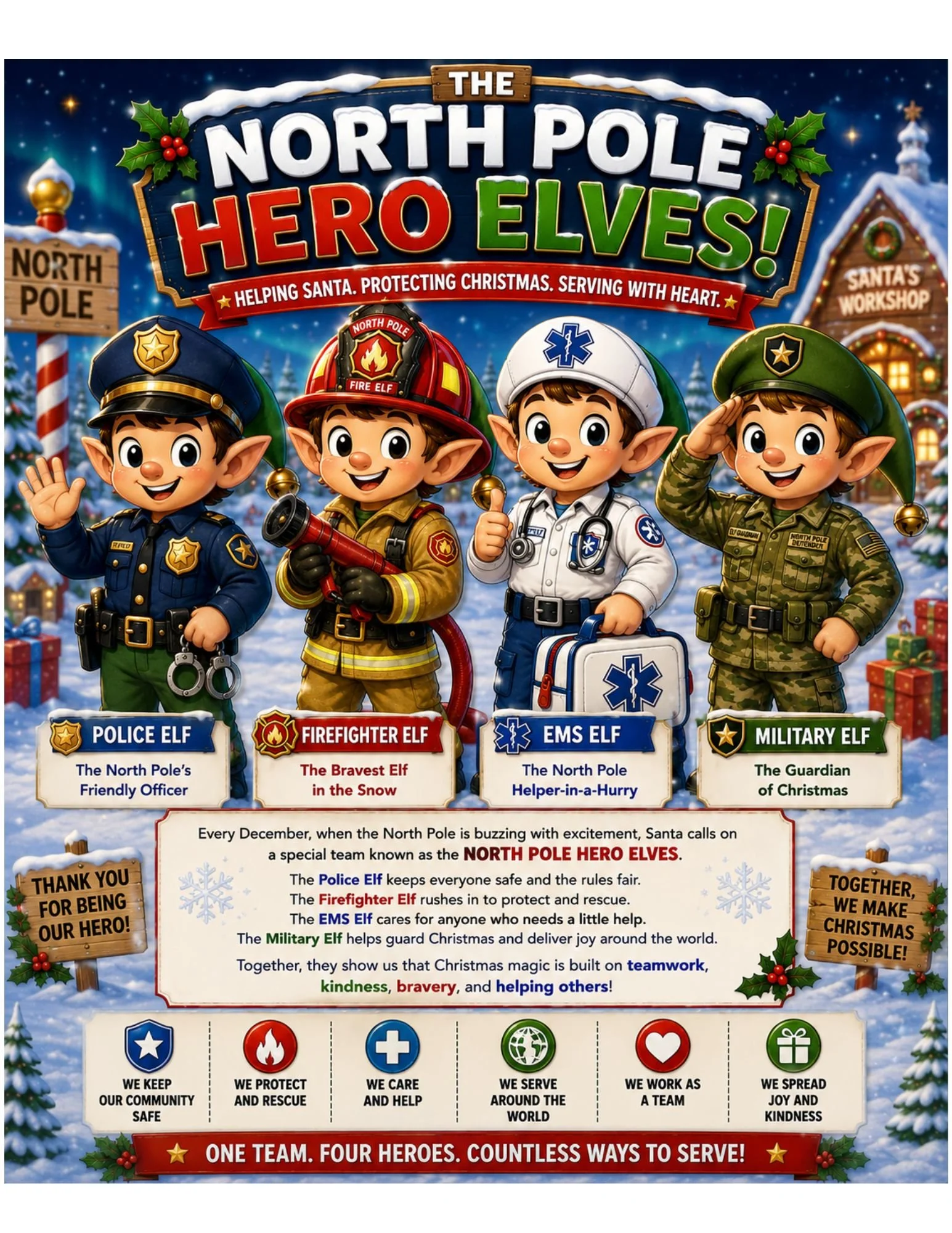 The image features four elf children dressed as first responders, including a police elf, firefighter elf, EMS elf, and military elf, standing with a snowy festive background with Christmas decorations and signs. The text describes the elves' roles in helping Santa and each other during Christmas.