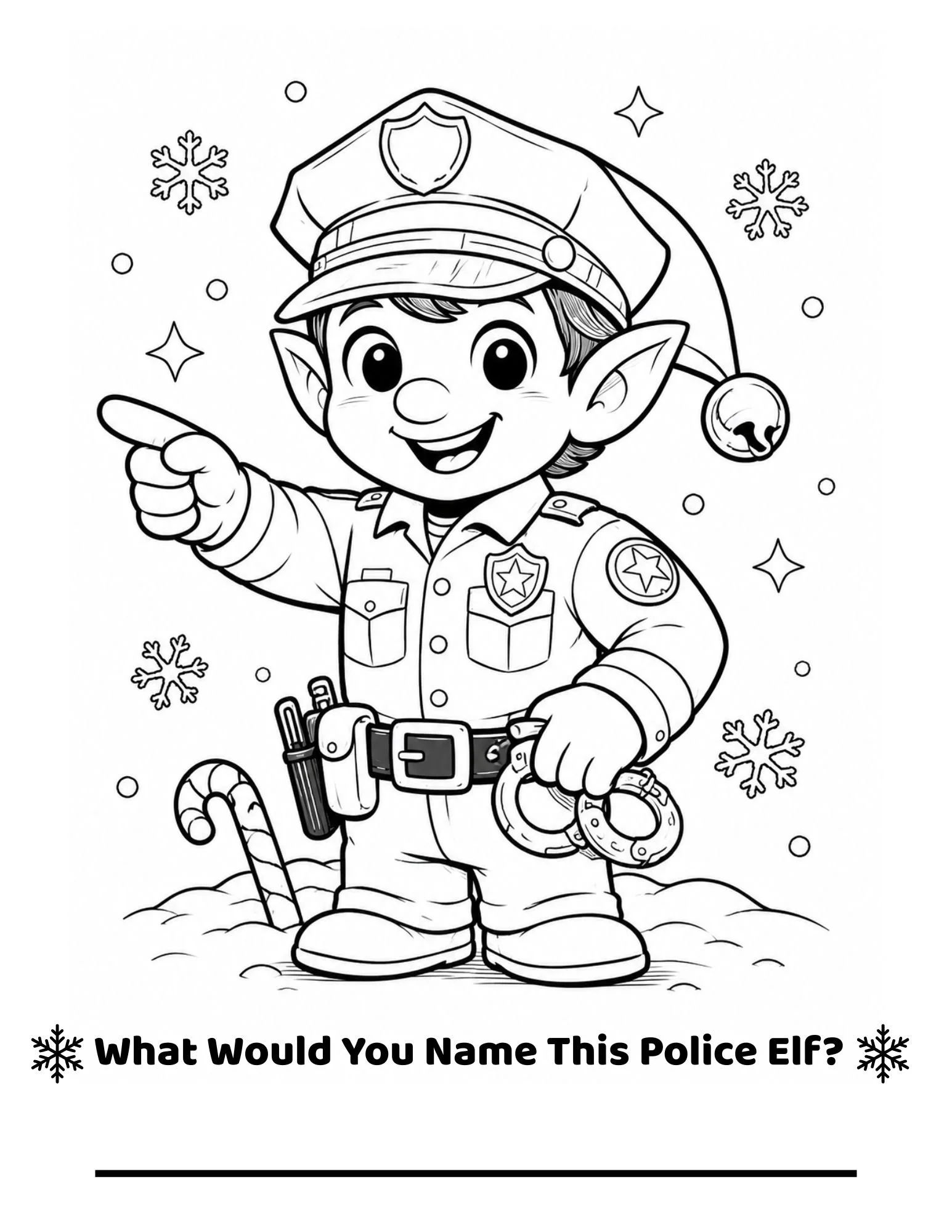 A black and white coloring page featuring a cheerful elf dressed as a police officer, wearing a police hat, badge, and uniform, standing on snow with snowflakes around and holding a candy cane. The caption at the bottom asks, 'What Would You Name This Police Elf?'