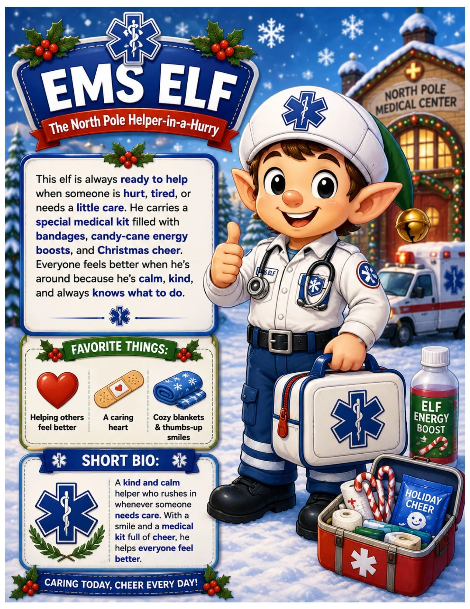 A Christmas-themed illustrated poster featuring a cheerful elf dressed as an emergency medical technician (EMT), standing outside a snow-covered North Pole Medical Center. The elf is wearing a white medical coat, a stethoscope, and a nurse helmet with a medical symbol, giving a thumbs-up. The poster includes text about the elf's helpful qualities, favorite things, and short bio, with images of medical supplies, holiday decorations, and a red medical kit filled with candies, bandages, and cheer. Snowflakes fall in the background.