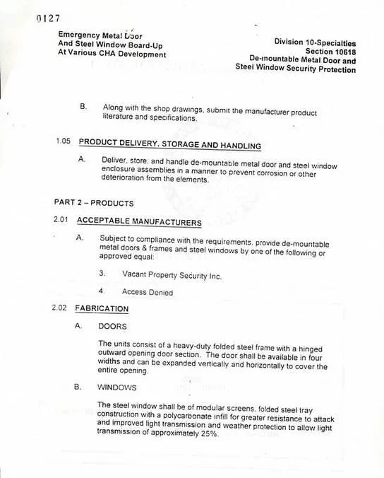 October, 1999 CHA bid specifications for security doors page 2 (Access Denied listed as acceptable manufacturer)