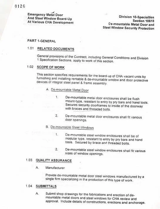 October, 1999 CHA bid specifications for security doors page 1