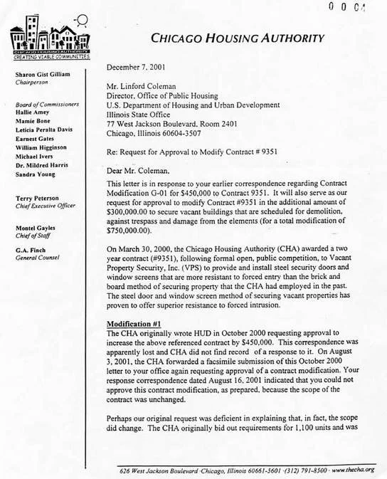 December 7th, 2001 request for approval for contract modifications G-01 and G-02