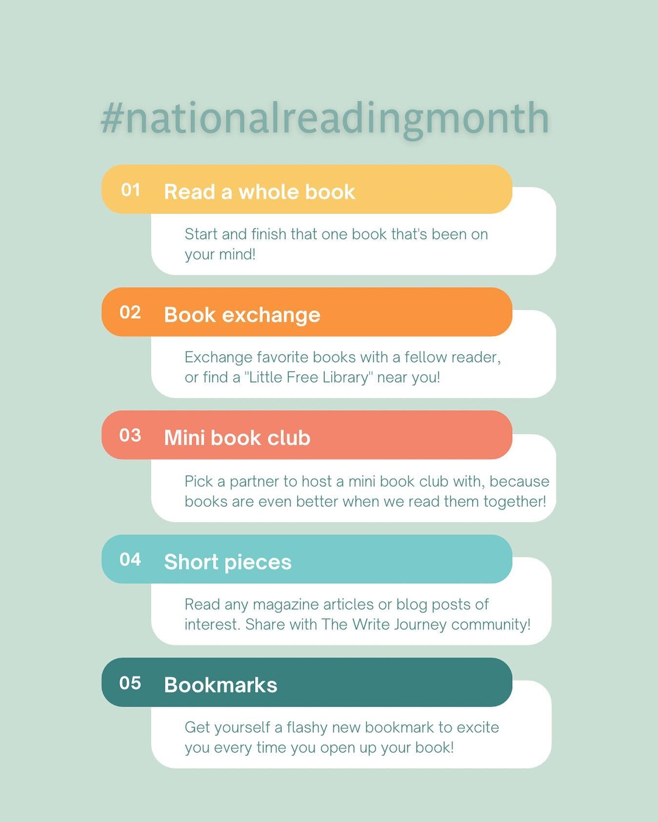 The goal for #NationalReadingMonth is to inspire all of us to incorporate more reading in our lives. 📚📈It&rsquo;s a challenge to spend some time reading each day. You&rsquo;re invited to join us and try our list of fun ideas! Whether you&rsquo;re a