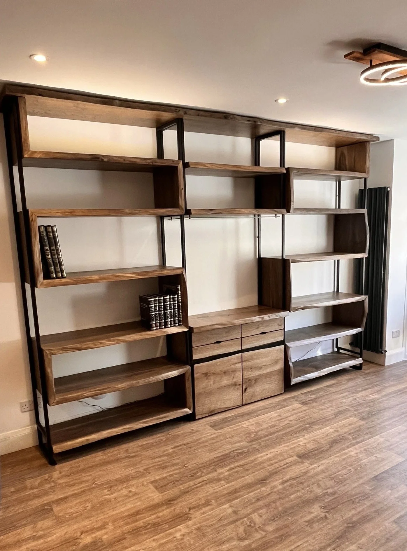 Bespoke Bookcase and Sideboard, Made from Solid European Live Edge Oak and Black Powder Coated Steel