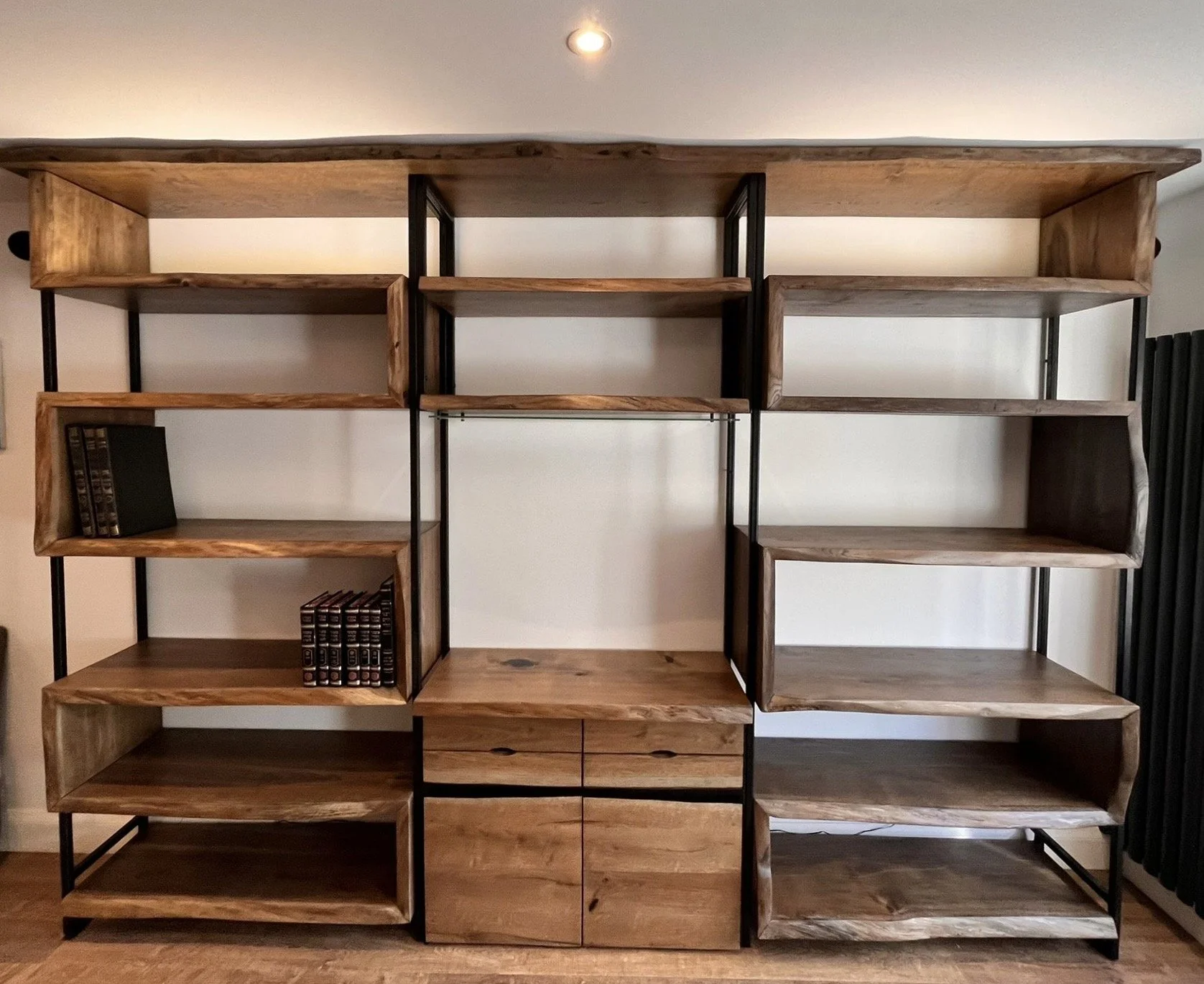 Bespoke Solid Oak Bookcase with In House Fabricated Black Steel Work