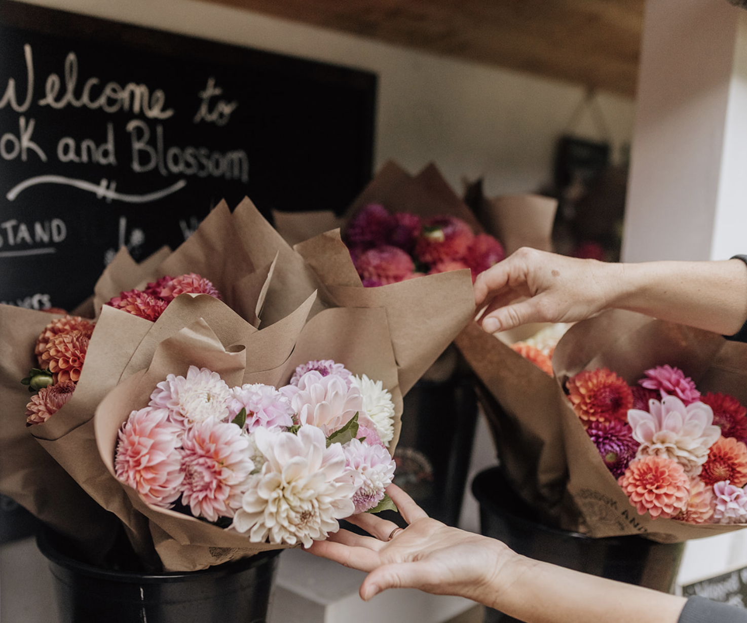 Bouquets at Brook and Blossom’s flower stand. The stand is located in South Pomfret, just 10 minutes from Woodstock, Vermont.
