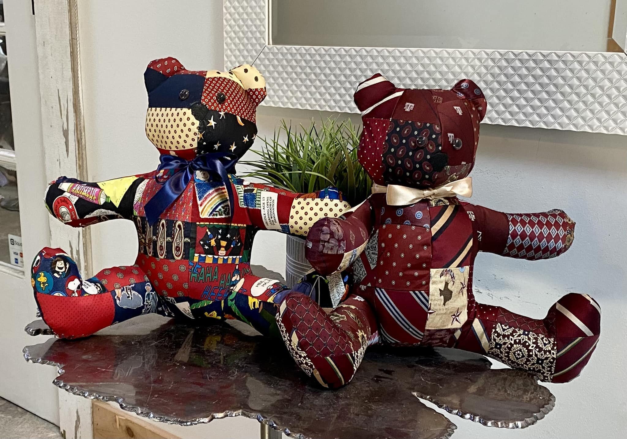 Excited to show everyone two bears made for a very dear friend in memory of her dad. These were his ties!  He was a doctor, and the one on the left is from his visits to Children&rsquo;s.  The one of the right are his Aggie ties he proudly wore&mdash