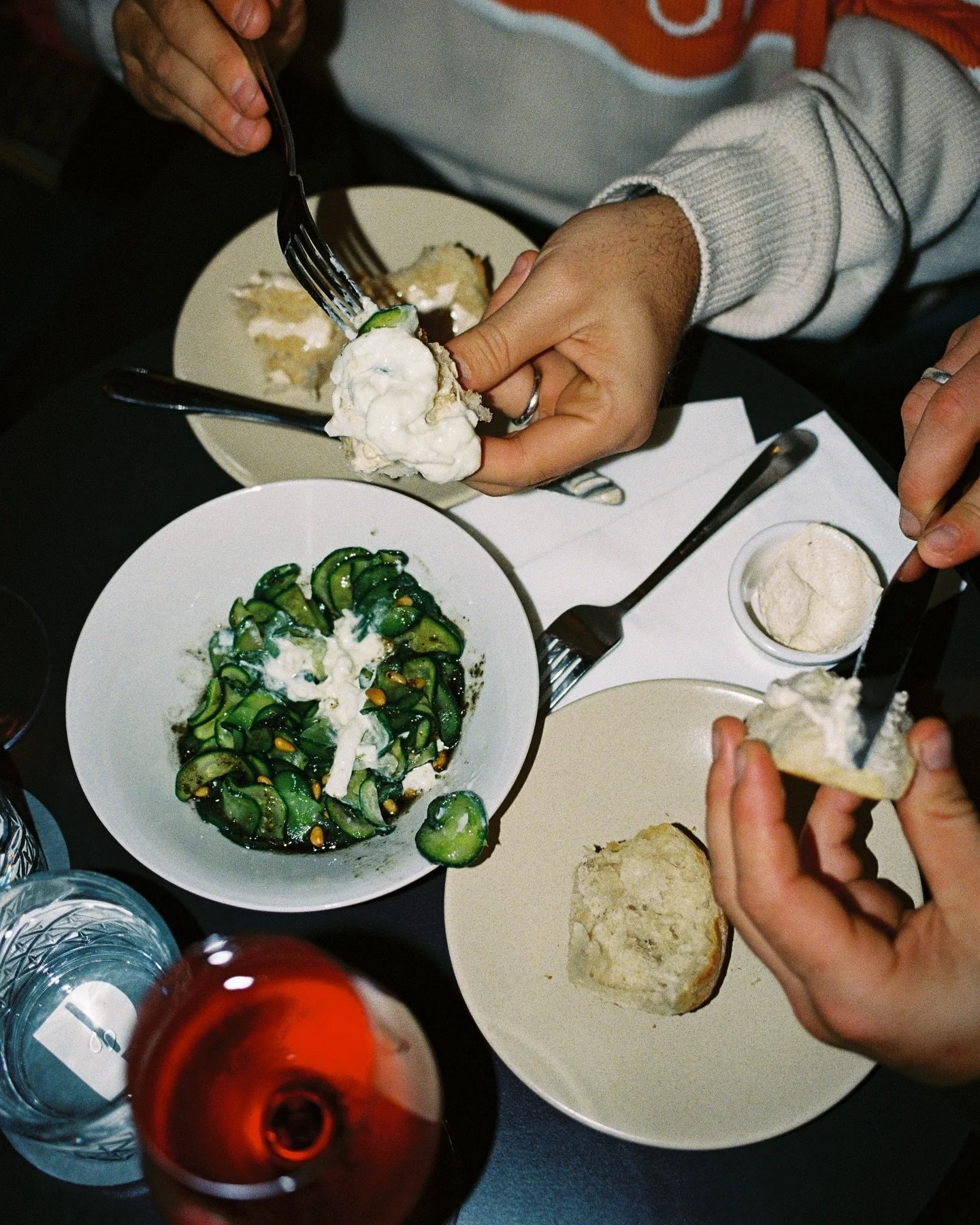 Stracciatella, cucumber, burnt oil, pine nuts. Be sure to order with a serve of Burleigh Baker bread and @restaurantlabart caramelised butter.