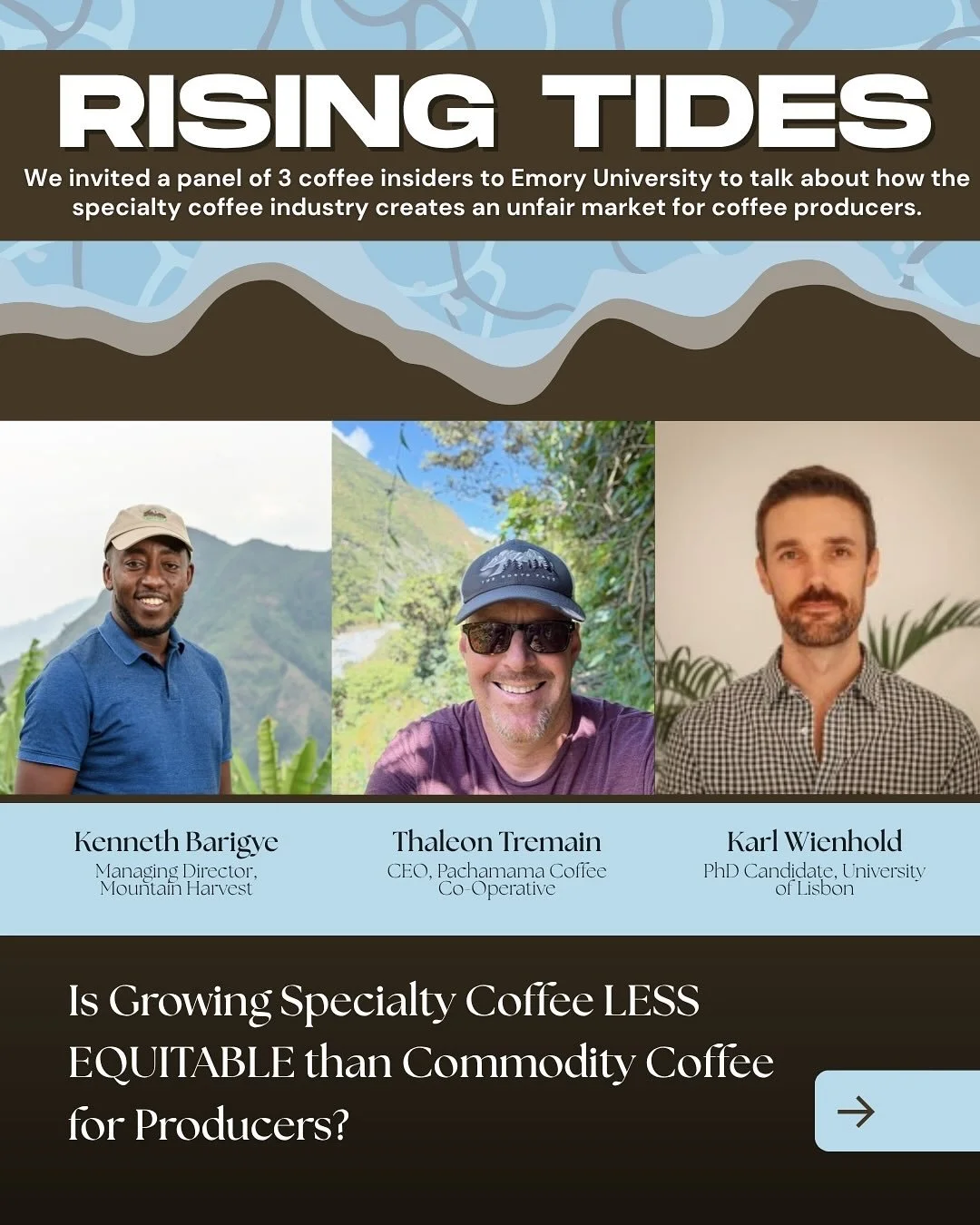 ☕️ We invited a panel of 3 coffee insiders to Emory University to talk about how the specialty coffee industry creates an unfair market for coffee producers. Huge thank you to Kenneth Barigye, Thaleon Tremain, and Karl Wienhold for being a part of th