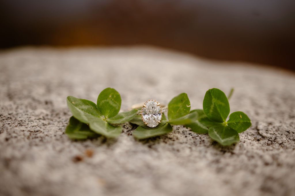 Close-up of oval diamond engagement ring on stone surface with green clover leaves, Gatlinburg photographer capturing engagement details with engagement photos clothes styling inspiration at Foothills Parkway