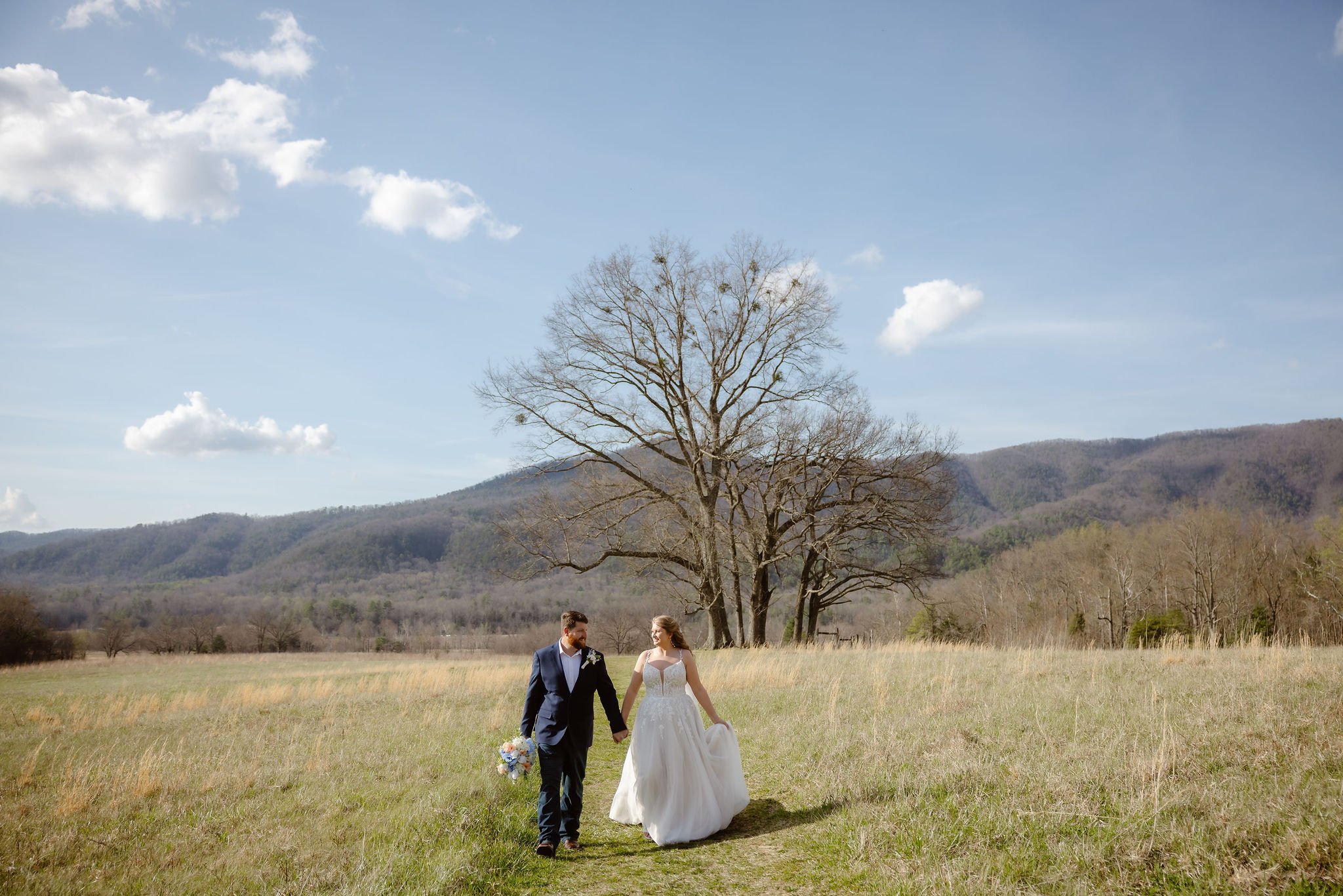 A bride and groom walk hand in hand through a grassy field with the Smoky Mountains in the background as the bride lifts her wedding dress. This outdoor wedding portrait captures the experience of eloping to Gatlinburg with a Gatlinburg photographer.