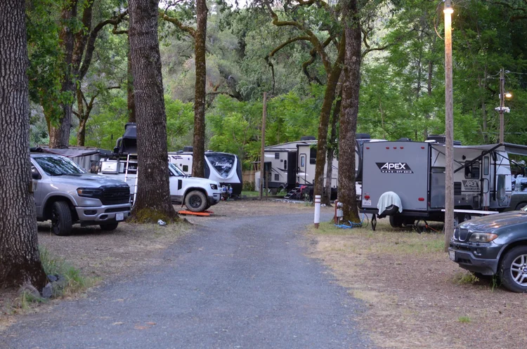 Outdoor campsite with RVs and vehicles parked under trees, featuring an Apex trailer and several other RVs and cars