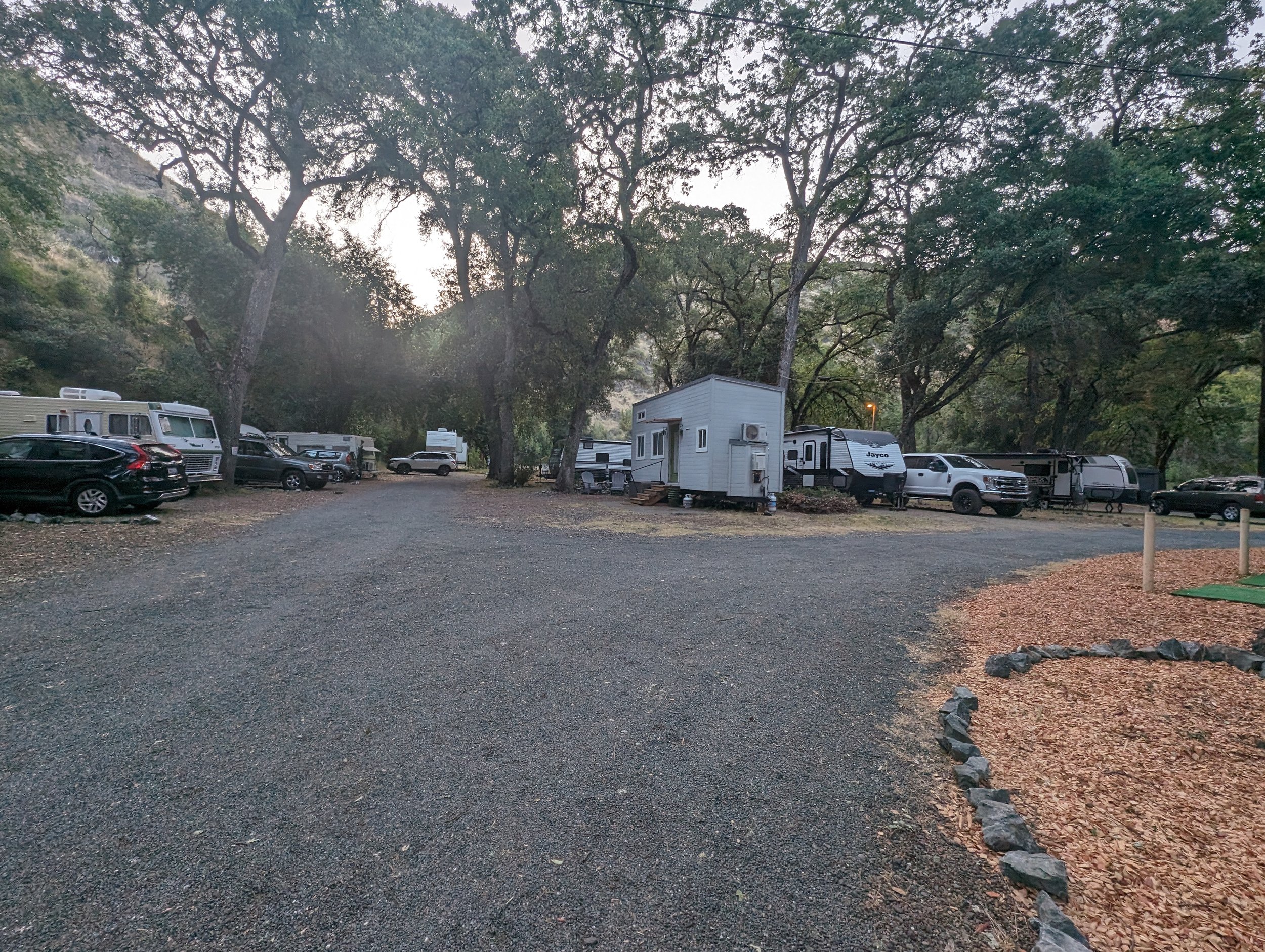 RV park with trailers and cars under trees
